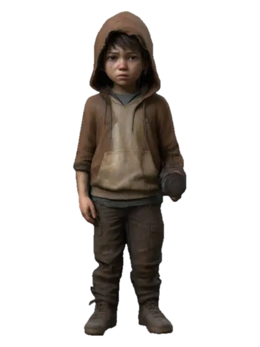 3D model for Ultra-detailed 3D model of a young boy (around 13) in a post-apocalyptic setting inspired by The Last of Us. He has light skin, short dark brown hair mostly hidden under a weathered hood, and a serious, alert expression. Wears a light brown hoodie with visible wear and dirt, and rugged dark pants with torn edges and stains. He stands in a cinematic pose, facing forward, holding a flashlight in one hand casting soft directional light. The background suggests a decaying interior or overgrown city ruins. High realism focus on facial features, clothing texture, and storytelling. 8K PBR textures, clean UVs, game-ready.