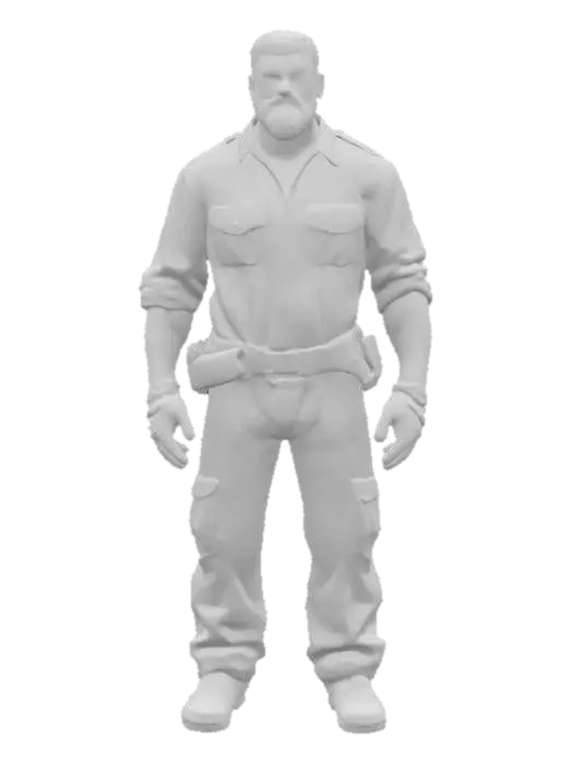 3D model for Ultra-detailed 3D model of a 45-year-old South American male, rugged and charismatic, with unkempt black beard and deep black eyes. Wears a slightly greasy dark-blue mechanic jumpsuit, sleeves rolled up, chest partially unzipped, revealing a stained undershirt. His expression is serious but confident. Clothing features visible stitching, oil stains, and fabric wrinkles. Character has muscular build, worn leather gloves in one hand, and a wrench tucked in his belt. Inspired by GTA 6 aesthetics. Game-ready, 8K PBR textures, clean UVs, high facial and fabric detail. Cinematic pose, optimized for animation and rendering.