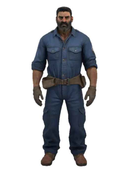 3D model for Ultra-detailed 3D model of a 45-year-old South American male, rugged and charismatic, with unkempt black beard and deep black eyes. Wears a slightly greasy dark-blue mechanic jumpsuit, sleeves rolled up, chest partially unzipped, revealing a stained undershirt. His expression is serious but confident. Clothing features visible stitching, oil stains, and fabric wrinkles. Character has muscular build, worn leather gloves in one hand, and a wrench tucked in his belt. Inspired by GTA 6 aesthetics. Game-ready, 8K PBR textures, clean UVs, high facial and fabric detail. Cinematic pose, optimized for animation and rendering.