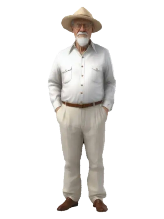 Ultra-detailed 3D model of an elderly man inspired by John Hammond. Dressed in an… 3D model, vytvořený pomocí AI