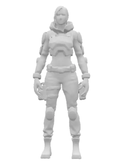 3D model for Ultra-detailed 3D model of a 25-year-old European female soldier. She wears a high-tech, metallic kevlar camouflage suit with modern tactical elements. The suit reflects subtle lighting and includes functional elements like reinforced joints, armored plating, and utility straps. Her face is photorealistic, with calm, focused expression, and tied-back brown hair. Stands in a cinematic pose, legs slightly apart, one hand resting on her hip, the other near a utility belt. The model includes clean UVs and 4K PBR textures for skin, fabric, metal, and gear. Designed game-ready, optimized for animation and cinematic rendering.