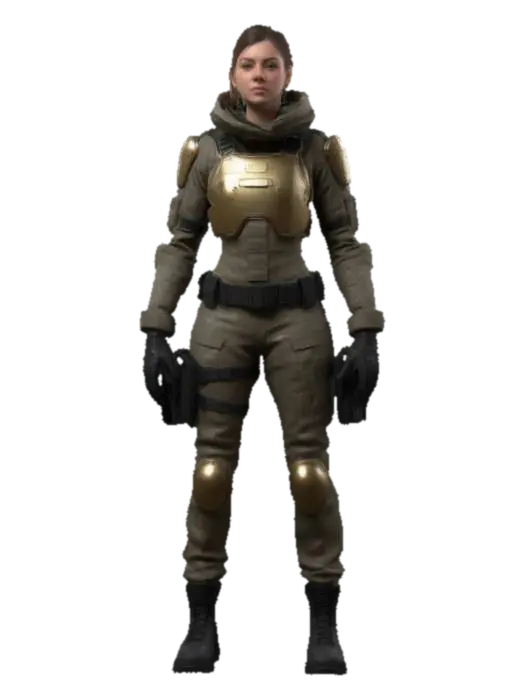 3D model for Ultra-detailed 3D model of a 25-year-old European female soldier. She wears a high-tech, metallic kevlar camouflage suit with modern tactical elements. The suit reflects subtle lighting and includes functional elements like reinforced joints, armored plating, and utility straps. Her face is photorealistic, with calm, focused expression, and tied-back brown hair. Stands in a cinematic pose, legs slightly apart, one hand resting on her hip, the other near a utility belt. The model includes clean UVs and 4K PBR textures for skin, fabric, metal, and gear. Designed game-ready, optimized for animation and cinematic rendering.