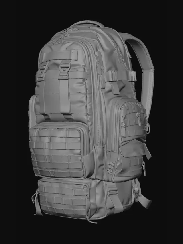 3D model for Black tactical military backpack, MOLLE webbing system, modular pouches, reinforced shoulder straps, chest and waist buckles, compression straps, hydration bladder compartment, heavy-duty zippers, rubberized bottom panel, drainage grommets, admin organizer pocket, ballistic nylon texture, matte black finish, tactical loops, Velcro patches area, asymmetric design, load-bearing frame structure, padded back panel ventilation channels, quick-release mechanisms, paracord attachment points, weatherproof coating, stitched reinforcement seams, game-ready topology, clean geometry, PBR materials ready, 1024-2048 texture resolution optimized
Wearable equipment, military gear, backpack prop
Rectangular vertical form, 50-60L capacity propo