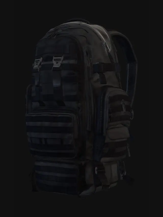 3D model for Black tactical military backpack, MOLLE webbing system, modular pouches, reinforced shoulder straps, chest and waist buckles, compression straps, hydration bladder compartment, heavy-duty zippers, rubberized bottom panel, drainage grommets, admin organizer pocket, ballistic nylon texture, matte black finish, tactical loops, Velcro patches area, asymmetric design, load-bearing frame structure, padded back panel ventilation channels, quick-release mechanisms, paracord attachment points, weatherproof coating, stitched reinforcement seams, game-ready topology, clean geometry, PBR materials ready, 1024-2048 texture resolution optimized
Wearable equipment, military gear, backpack prop
Rectangular vertical form, 50-60L capacity propo