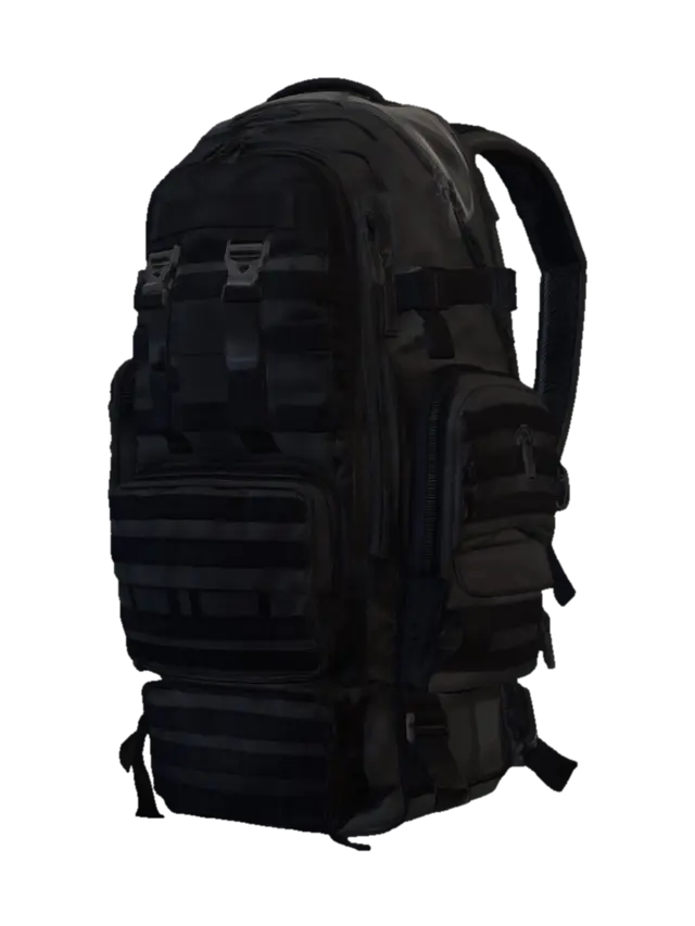 Black tactical military backpack, MOLLE webbing system, modular pouches, reinforced… - Padded-3D-modell, genererad av AI