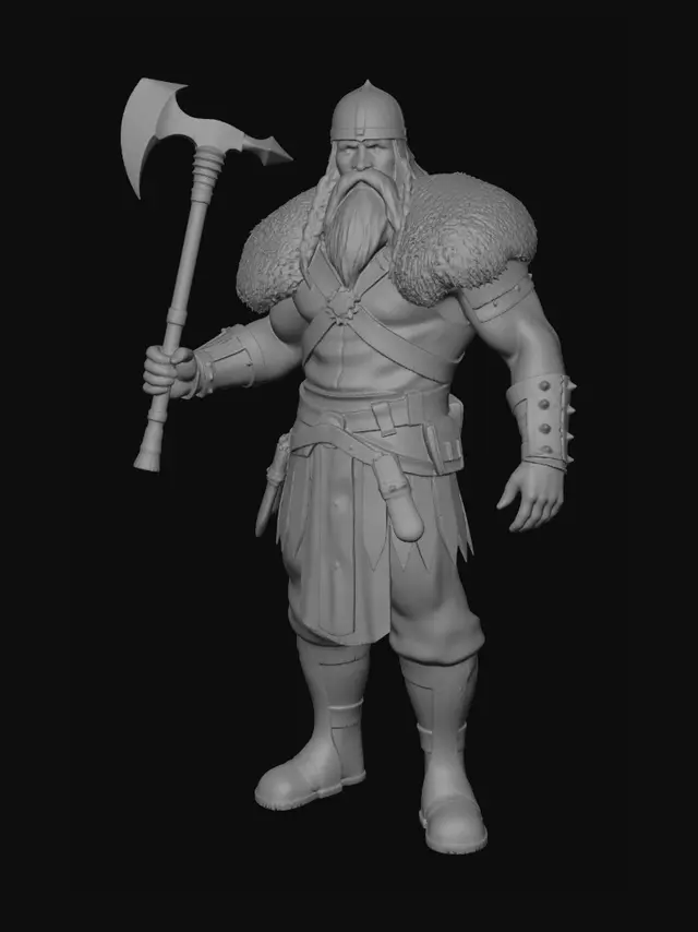 3D model for Full-body Viking warrior, T-pose, muscular build, broad shoulders. Layered leather chest armor, fur shoulder pauldrons, studded bracers, iron belt, cloth tunic, fur-trimmed boots. Bearded axe in right hand, wooden handle, iron blade. Long braided beard, braided hair with shaved sides, helmet with nose guard. Game-ready, clean topology, symmetrical, clear material separation: leather, fur, metal, cloth, skin. PBR materials: brown worn leather, gray-brown wolf fur, weathered iron with rust, aged oak wood, rough linen, battle-scarred skin. Surface details: stitching, fur strands, metal scratches, wood grain, fabric weave, skin pores, scars, beard braids, armor rivets, Norse belt patterns. Battle-worn, optimized for rigging. NO: multiple characters, backgrounds, dramatic lighting, motion blur