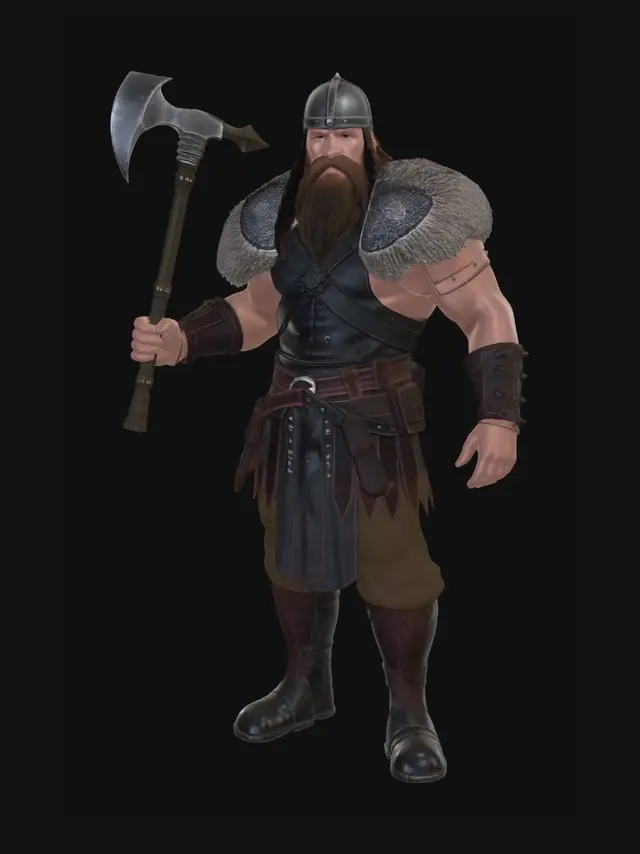 3D model for Full-body Viking warrior, T-pose, muscular build, broad shoulders. Layered leather chest armor, fur shoulder pauldrons, studded bracers, iron belt, cloth tunic, fur-trimmed boots. Bearded axe in right hand, wooden handle, iron blade. Long braided beard, braided hair with shaved sides, helmet with nose guard. Game-ready, clean topology, symmetrical, clear material separation: leather, fur, metal, cloth, skin. PBR materials: brown worn leather, gray-brown wolf fur, weathered iron with rust, aged oak wood, rough linen, battle-scarred skin. Surface details: stitching, fur strands, metal scratches, wood grain, fabric weave, skin pores, scars, beard braids, armor rivets, Norse belt patterns. Battle-worn, optimized for rigging. NO: multiple characters, backgrounds, dramatic lighting, motion blur
