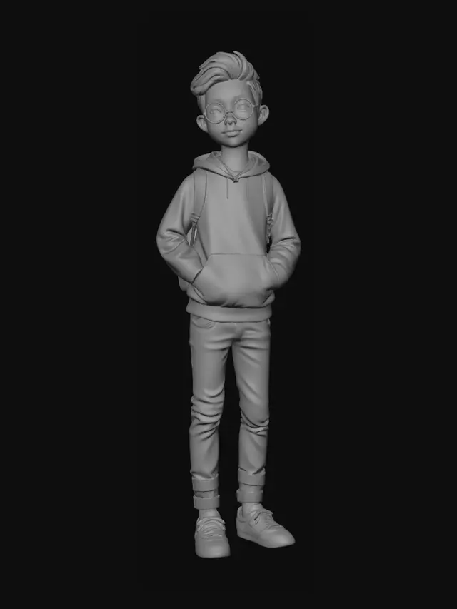 3D model for MAIN PROMPT: A young Asian boy walking through a bustling city park at sunset  
SUBJECT: The boy is dressed in casual attire, wearing a light blue hoodie and jeans, carrying a small backpack. He has short black hair and wears round glasses. His expression is one of curiosity as he explores his surroundings.
ENVIRONMENT: The park is filled with autumn leaves on the ground, trees casting long shadows. Benches are scattered around, and a few people are walking their dogs or enjoying the last rays of sunlight. A small pond reflects the orange and pink hues of the setting sun.
CAMERA MOVEMENT: The camera starts from a wide shot, panning across the park to focus on the boy as h
NEGATIVE PROMPT: Avoid overly complex backgrounds or environments.