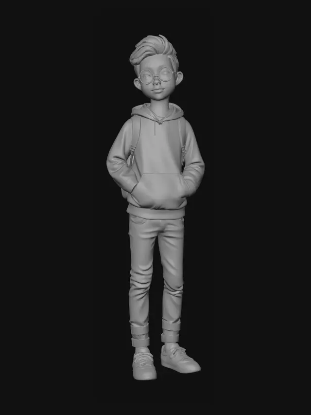 3D model for MAIN PROMPT: A young Asian boy walking through a bustling city park at sunset  
SUBJECT: The boy is dressed in casual attire, wearing a light blue hoodie and jeans, carrying a small backpack. He has short black hair and wears round glasses. His expression is one of curiosity as he explores his surroundings.
ENVIRONMENT: The park is filled with autumn leaves on the ground, trees casting long shadows. Benches are scattered around, and a few people are walking their dogs or enjoying the last rays of sunlight. A small pond reflects the orange and pink hues of the setting sun.
CAMERA MOVEMENT: The camera starts from a wide shot, panning across the park to focus on the boy as h
NEGATIVE PROMPT: Avoid overly complex backgrounds or environments.