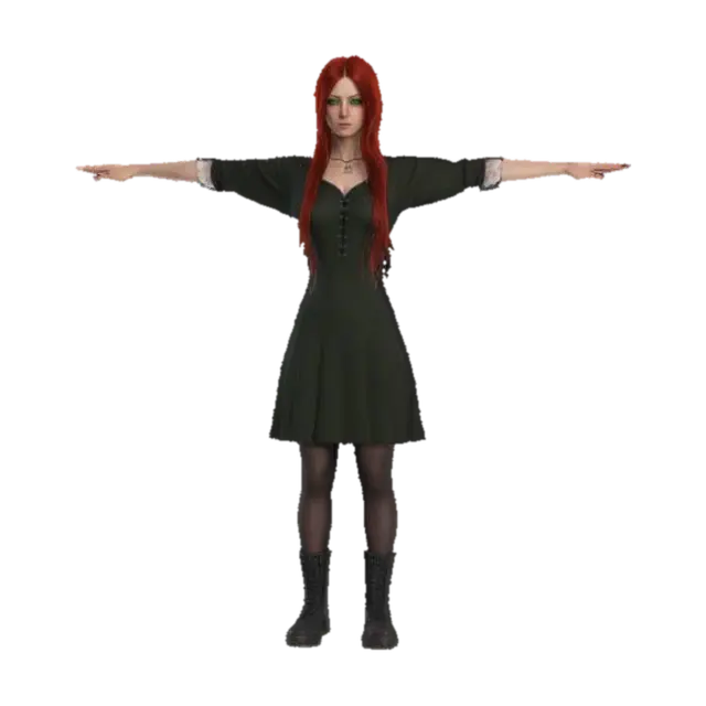 Photorealistic, T- POSE of adult gorgeous woman, Her face is so realistic, green… - Redhair 3D model, vytvořený pomocí AI