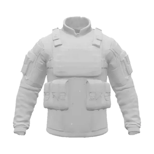 3D model for Ultra-detailed 3D model of a tactical military jacket designed for videogame characters. Modular design with padded shoulders, reinforced seams, and layered armor inserts. Multiple utility pockets with velcro flaps, MOLLE webbing, zippers, and clip fasteners. High collar with optional hood stowed at the back. Fabric shows wear, dust, and abrasion. Color scheme: dark green, black, or camo. 8K PBR textures for fabric, metal, plastic, and stitching. Clean UVs, watertight mesh. Ideal for FPS or tactical RPGs. Studio lighting with soft shadows highlights materials and structure.