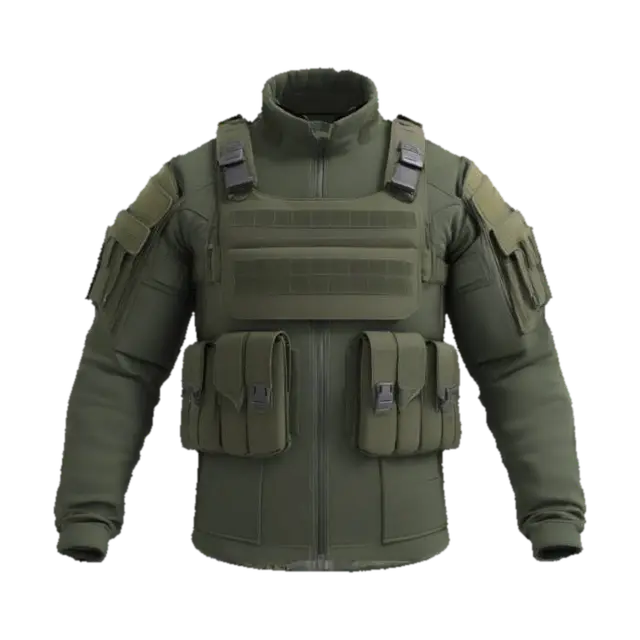 3D model for Ultra-detailed 3D model of a tactical military jacket designed for videogame characters. Modular design with padded shoulders, reinforced seams, and layered armor inserts. Multiple utility pockets with velcro flaps, MOLLE webbing, zippers, and clip fasteners. High collar with optional hood stowed at the back. Fabric shows wear, dust, and abrasion. Color scheme: dark green, black, or camo. 8K PBR textures for fabric, metal, plastic, and stitching. Clean UVs, watertight mesh. Ideal for FPS or tactical RPGs. Studio lighting with soft shadows highlights materials and structure.