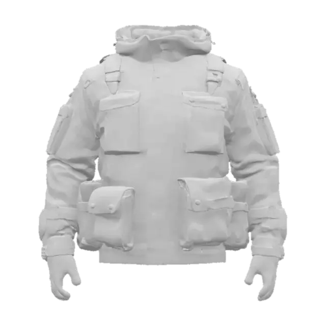 3D model for Ultra-detailed 3D model of a tactical military jacket designed for videogame characters. Modular design with padded shoulders, reinforced seams, and layered armor inserts. Multiple utility pockets with velcro flaps, MOLLE webbing, zippers, and clip fasteners. High collar with optional hood stowed at the back. Fabric shows wear, dust, and abrasion. Color scheme: dark green, black, or camo. 8K PBR textures for fabric, metal, plastic, and stitching. Clean UVs, watertight mesh. Ideal for FPS or tactical RPGs. Studio lighting with soft shadows highlights materials and structure.