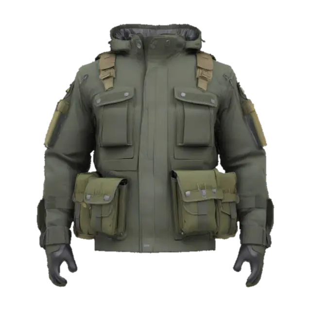 3D model for Ultra-detailed 3D model of a tactical military jacket designed for videogame characters. Modular design with padded shoulders, reinforced seams, and layered armor inserts. Multiple utility pockets with velcro flaps, MOLLE webbing, zippers, and clip fasteners. High collar with optional hood stowed at the back. Fabric shows wear, dust, and abrasion. Color scheme: dark green, black, or camo. 8K PBR textures for fabric, metal, plastic, and stitching. Clean UVs, watertight mesh. Ideal for FPS or tactical RPGs. Studio lighting with soft shadows highlights materials and structure.