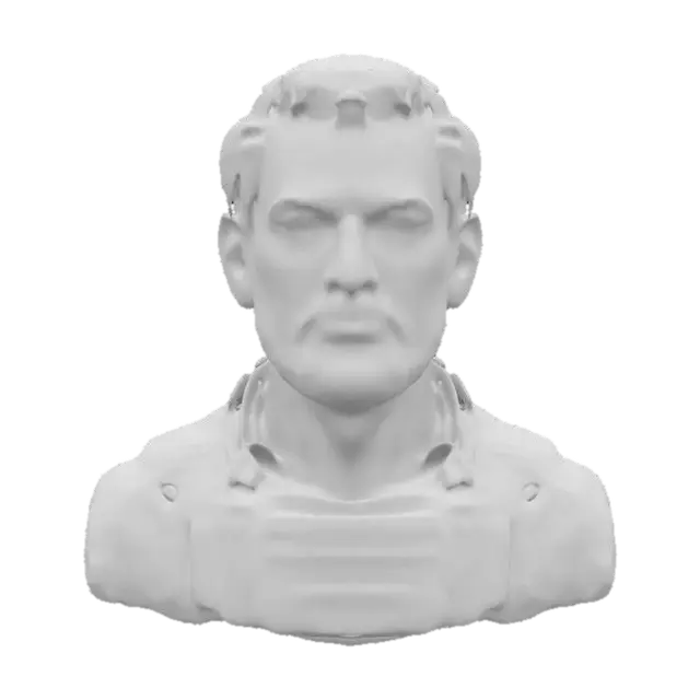 3D model for Ultra-detailed 3D model of an American male soldier with short brown hair and a slightly unkempt beard. Wears a modern military uniform with realistic fabric grain, tactical gear, and subtle wear. Static pose with cinematic posture—torso slightly turned, eyes intense, focused expression. Face features rugged detail: skin pores, light scarring, subtle wrinkles, and realistic stubble. Hair shows individual strand variation and natural flow. 8K PBR textures for skin, fabric, and gear. Clean UVs, watertight mesh, optimized for portrait-style rendering and close-up shots in ultra definition.