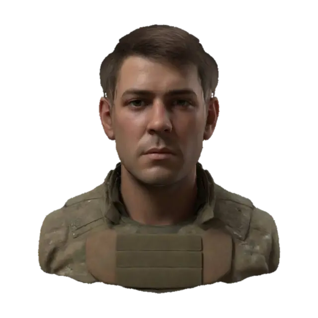 3D model for Ultra-detailed 3D model of an American male soldier with short brown hair and a slightly unkempt beard. Wears a modern military uniform with realistic fabric grain, tactical gear, and subtle wear. Static pose with cinematic posture—torso slightly turned, eyes intense, focused expression. Face features rugged detail: skin pores, light scarring, subtle wrinkles, and realistic stubble. Hair shows individual strand variation and natural flow. 8K PBR textures for skin, fabric, and gear. Clean UVs, watertight mesh, optimized for portrait-style rendering and close-up shots in ultra definition.