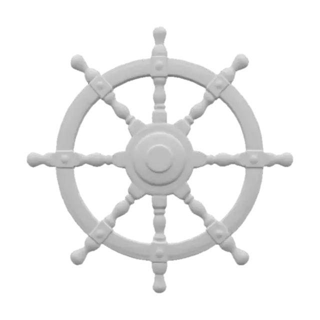 3D model for Ultra-detailed 3D model of a weathered pirate galleon ship wheel. Made of aged oak wood with metal reinforcements, heavily eroded by sea salt and time. Cracks, chipped edges, rusted bolts, and faded carvings. Moss and algae residues between joints. Stylized for realism, suitable for game environments. 8K PBR textures with visible grain, roughness, and corrosion. Ambient maritime lighting, game-ready asset., #ocean#
