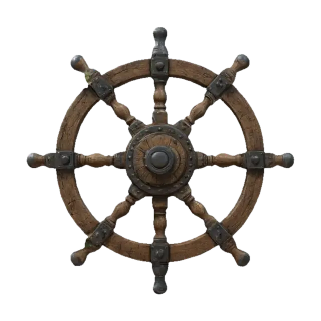 3D model for Ultra-detailed 3D model of a weathered pirate galleon ship wheel. Made of aged oak wood with metal reinforcements, heavily eroded by sea salt and time. Cracks, chipped edges, rusted bolts, and faded carvings. Moss and algae residues between joints. Stylized for realism, suitable for game environments. 8K PBR textures with visible grain, roughness, and corrosion. Ambient maritime lighting, game-ready asset., #ocean#