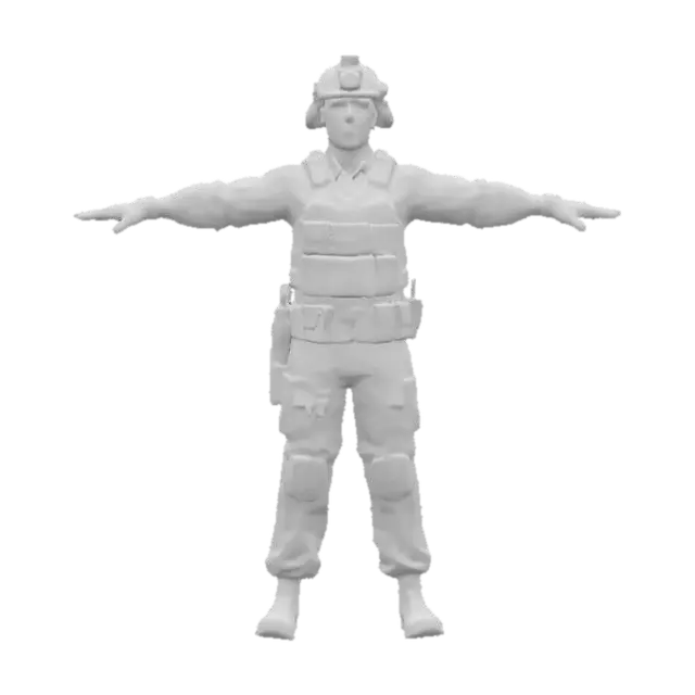 3D model for Ultra-detailed 3D model of an American soldier in modern digital camouflage uniform. Wearing a high-detail tactical helmet with visible attachments and realistic wear. Full-body in T-pose, ready for animation and game integration. Includes combat boots, tactical gloves, and utility gear. 8K PBR textures with detailed fabric grain, seams, patches, and dirt. Clean UVs, watertight mesh, optimized topology for real-time rendering. Neutral lighting with cinematic highlights for texture readability.