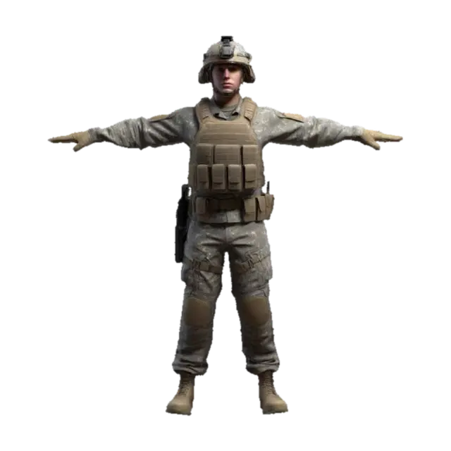 3D model for Ultra-detailed 3D model of an American soldier in modern digital camouflage uniform. Wearing a high-detail tactical helmet with visible attachments and realistic wear. Full-body in T-pose, ready for animation and game integration. Includes combat boots, tactical gloves, and utility gear. 8K PBR textures with detailed fabric grain, seams, patches, and dirt. Clean UVs, watertight mesh, optimized topology for real-time rendering. Neutral lighting with cinematic highlights for texture readability.