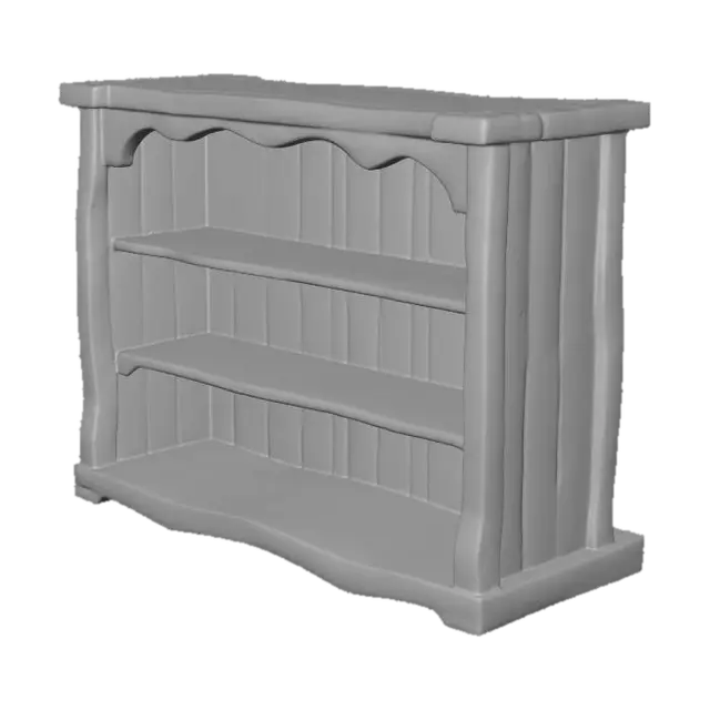 3D model for Low poly medieval wooden display shelf, open top with no ceiling panel, 3 horizontal flat shelves, two side panels slightly flared outward at the top, rustic aged dark brown wood, chunky low poly style, clean flat shading, empty shelves, game asset, no items, no decorations