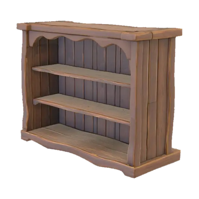 3D model for Low poly medieval wooden display shelf, open top with no ceiling panel, 3 horizontal flat shelves, two side panels slightly flared outward at the top, rustic aged dark brown wood, chunky low poly style, clean flat shading, empty shelves, game asset, no items, no decorations
