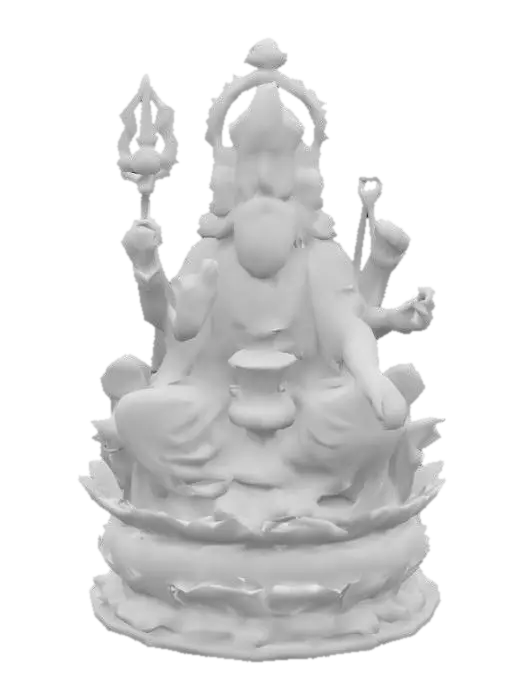3D model for Lord Brahma, Hindu creator deity, four faces looking in cardinal directions, seated on a lotus throne, four arms holding a scepter, water pot, Vedas, and prayer beads, wearing golden robes with intricate embroidery, serene expression, hyper-realistic style, ultra-detailed textures, high-poly mesh