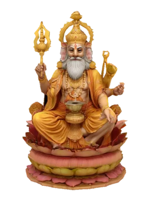 3D model for Lord Brahma, Hindu creator deity, four faces looking in cardinal directions, seated on a lotus throne, four arms holding a scepter, water pot, Vedas, and prayer beads, wearing golden robes with intricate embroidery, serene expression, hyper-realistic style, ultra-detailed textures, high-poly mesh
