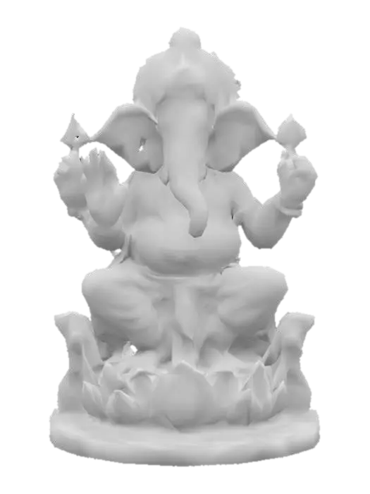 3D model for Lord Ganesha photorealistic elephant head human body, intricate skin texture wrinkles pores, realistic elephant trunk curved tusks, four arms anatomically correct, golden jewelry detailed engravings, silk dhoti fabric simulation, lotus throne carved marble base, dramatic studio lighting subsurface scattering, 8K resolution ultra-detailed, cinematic quality