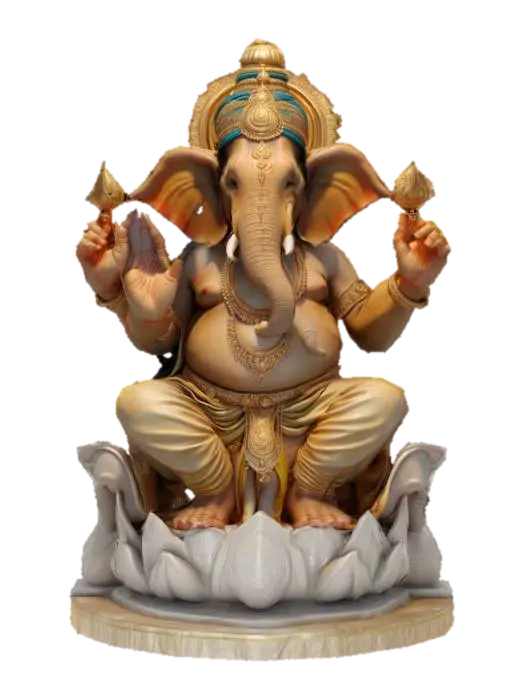 3D model for Lord Ganesha photorealistic elephant head human body, intricate skin texture wrinkles pores, realistic elephant trunk curved tusks, four arms anatomically correct, golden jewelry detailed engravings, silk dhoti fabric simulation, lotus throne carved marble base, dramatic studio lighting subsurface scattering, 8K resolution ultra-detailed, cinematic quality