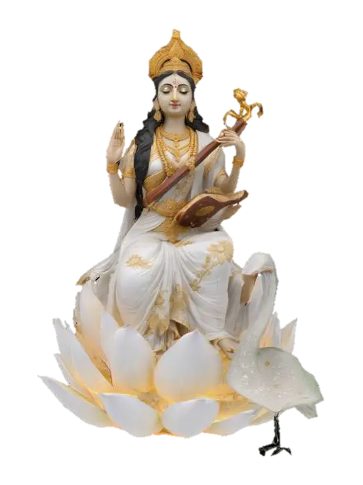 Hyper-realistic 3D model of Goddess Saraswati, seated gracefully on a blooming white… - Arts 3D model, vytvořený pomocí AI