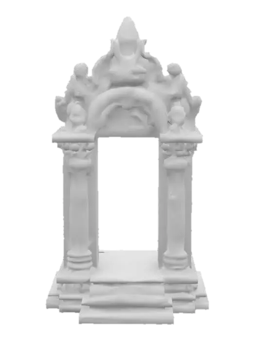 3D model for Traditional Indian temple entrance gateway, two carved sandstone pillars with ornate lotus capitals supporting pointed arch. Intricate floral vine patterns and geometric reliefs on arch spandrels, detailed makara motifs at arch base. Weathered golden sandstone texture, ancient craftsmanship style. Complete structure with stepped base platform, museum quality stonework details, #arch#