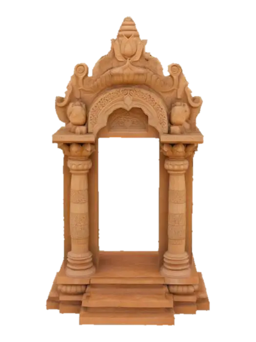 3D model for Traditional Indian temple entrance gateway, two carved sandstone pillars with ornate lotus capitals supporting pointed arch. Intricate floral vine patterns and geometric reliefs on arch spandrels, detailed makara motifs at arch base. Weathered golden sandstone texture, ancient craftsmanship style. Complete structure with stepped base platform, museum quality stonework details, #arch#