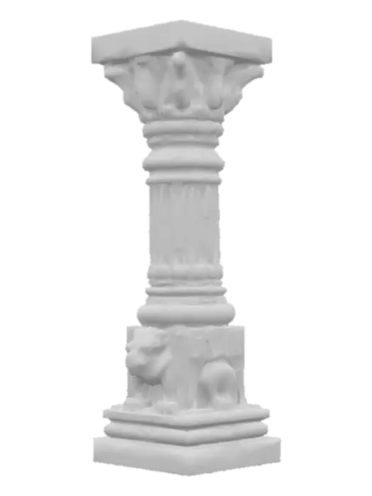 3D model for Complete Dravidian temple pillar, intricately carved sandstone, ornate yali mythical lion at base with open jaws and detailed mane, fluted cylindrical shaft with lotus medallions and scrolling vines, elaborate bracket capital with peacock motifs, traditional South Indian proportions, museum-quality stone carving detail, deep shadow recesses, weathered texture surfaces, ancient craftsmanship, structural completeness, highest polygon density, ready for premium texturing, authentic temple architecture
