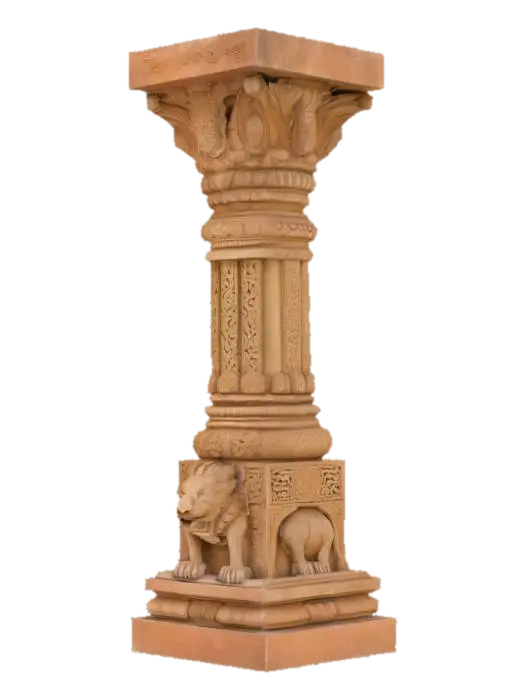 3D model for Complete Dravidian temple pillar, intricately carved sandstone, ornate yali mythical lion at base with open jaws and detailed mane, fluted cylindrical shaft with lotus medallions and scrolling vines, elaborate bracket capital with peacock motifs, traditional South Indian proportions, museum-quality stone carving detail, deep shadow recesses, weathered texture surfaces, ancient craftsmanship, structural completeness, highest polygon density, ready for premium texturing, authentic temple architecture
