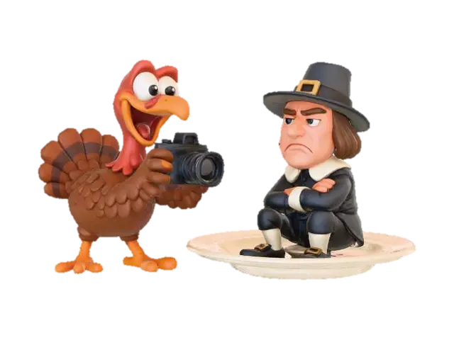 Turkey Trying to Take a Photo of Pilgrim on a Dinner Plate A crazy happy turkey… 3D model, vytvořený pomocí AI