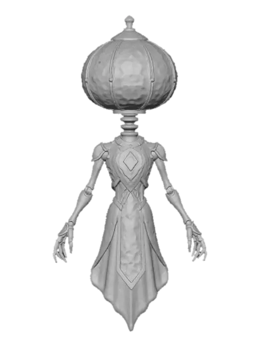 3D model for floating alien oracle with pumpkin-shaped head of stained glass, glowing runes rotating around, skeletal neck of brass rods, textures: glass mosaic surface, warm internal light, metallic frame joints, smooth enamel glow, full-body symmetrical
