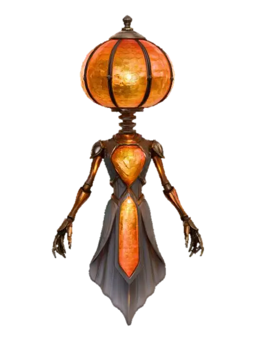 3D model for floating alien oracle with pumpkin-shaped head of stained glass, glowing runes rotating around, skeletal neck of brass rods, textures: glass mosaic surface, warm internal light, metallic frame joints, smooth enamel glow, full-body symmetrical
