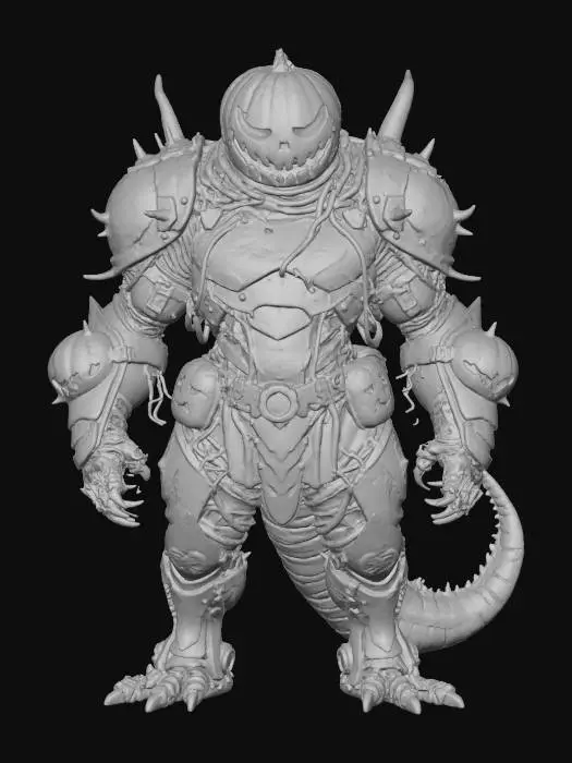 3D model for General Vinefang
reptilian alien soldier with jack-o’-lantern visor helmet, armor made of tangled thorny vines, shoulder cannons shaped like pumpkins, textures: matte vine bark, polished copper armor trim, glowing amber highlights, leathery tail surface, full-body symmetrical design