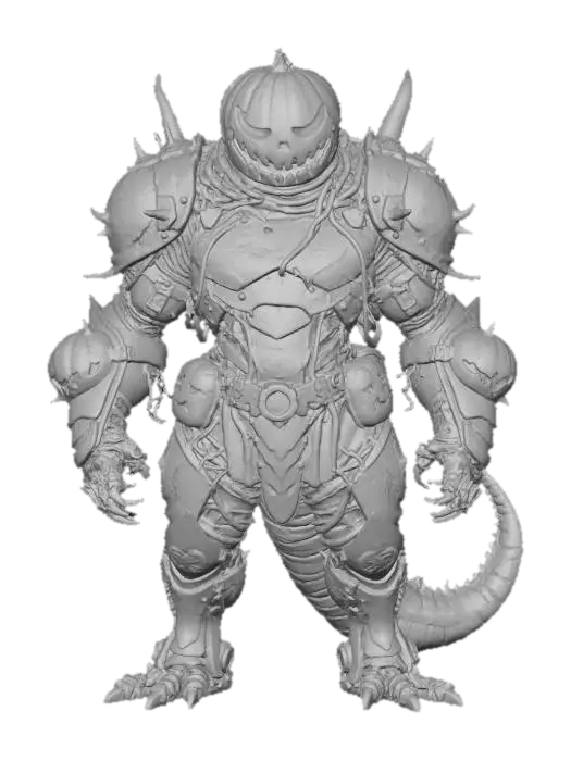 3D model for General Vinefang

reptilian alien soldier with jack-o’-lantern visor helmet, armor made of tangled thorny vines, shoulder cannons shaped like pumpkins, textures: matte vine bark, polished copper armor trim, glowing amber highlights, leathery tail surface, full-body symmetrical design