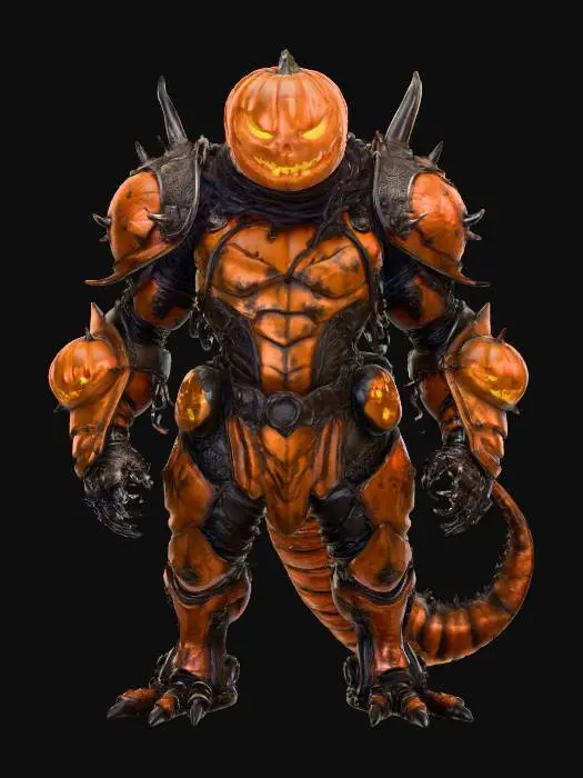 3D model for General Vinefang
reptilian alien soldier with jack-o’-lantern visor helmet, armor made of tangled thorny vines, shoulder cannons shaped like pumpkins, textures: matte vine bark, polished copper armor trim, glowing amber highlights, leathery tail surface, full-body symmetrical design