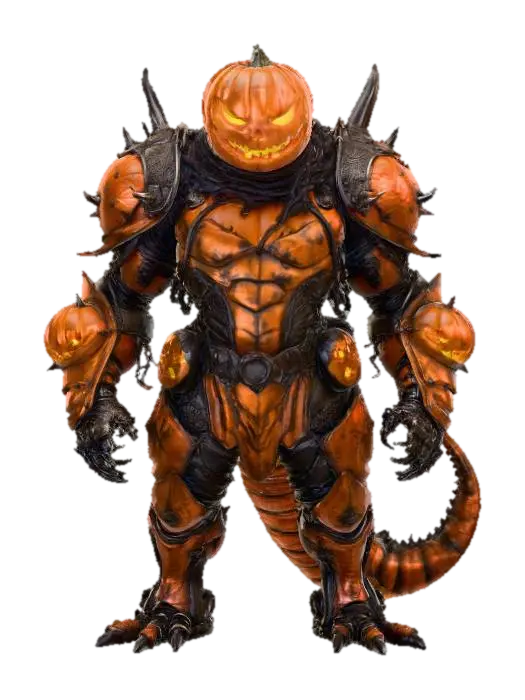 3D model for General Vinefang

reptilian alien soldier with jack-o’-lantern visor helmet, armor made of tangled thorny vines, shoulder cannons shaped like pumpkins, textures: matte vine bark, polished copper armor trim, glowing amber highlights, leathery tail surface, full-body symmetrical design