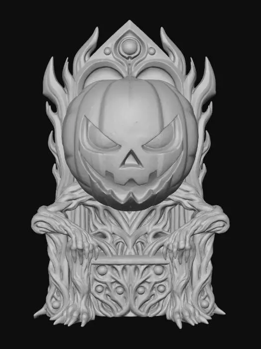 3D model for The Cosmic Patch King
massive alien monarch grown from planet vines, jack-o’-lantern face splitting into eight sections revealing glowing cosmos inside, throne fused to back, textures: organic vine bark, glossy pumpkin enamel, swirling nebular glow, bronze-green patina, full-body symmetrical , #Halloween2025#