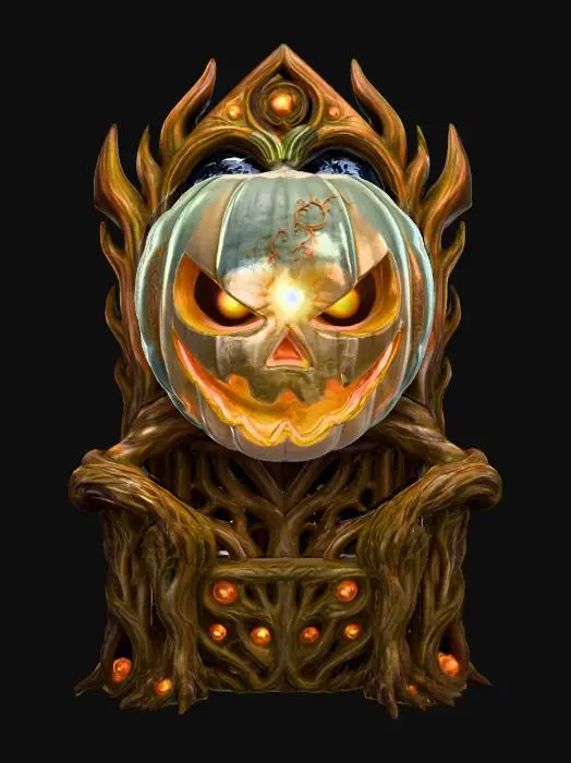 3D model for The Cosmic Patch King
massive alien monarch grown from planet vines, jack-o’-lantern face splitting into eight sections revealing glowing cosmos inside, throne fused to back, textures: organic vine bark, glossy pumpkin enamel, swirling nebular glow, bronze-green patina, full-body symmetrical , #Halloween2025#