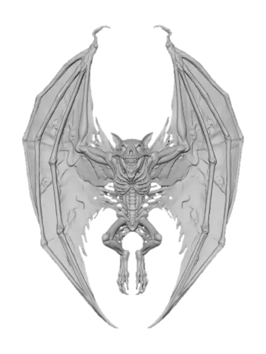 3D model for Nocturnal Wraith, The Grave Bat

> large skeletal bat with tattered wings and glowing orange veins, skull snout smiling unnaturally wide, textures: bone polish, leathery translucent membrane, internal glow texture, faint cracks, full-body symmetrical, #Halloween2025#