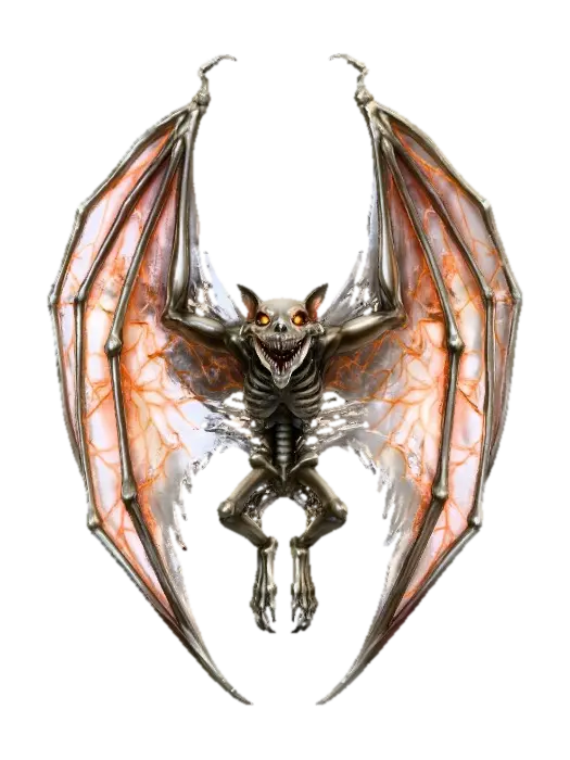 3D model for Nocturnal Wraith, The Grave Bat

> large skeletal bat with tattered wings and glowing orange veins, skull snout smiling unnaturally wide, textures: bone polish, leathery translucent membrane, internal glow texture, faint cracks, full-body symmetrical, #Halloween2025#