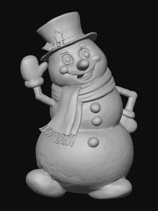 3D model for A Pixar-style Frosty the Snowman character, round snowball body, oversized expressive eyes, carrot nose, coal smile, red scarf and black top hat, slightly leaning pose with one hand waving, smooth snow texture, glossy cartoon finish, highly detailed 3D sculpt, 8000K studio lighting, white background, #Christmas2025#