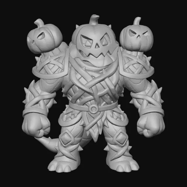 3D model for General Vinefang
reptilian alien soldier with jack-o’-lantern visor helmet, armor made of tangled thorny vines, shoulder cannons shaped like pumpkins, textures: matte vine bark, polished copper armor trim, glowing amber highlights, leathery tail surface, full-body symmetrical design