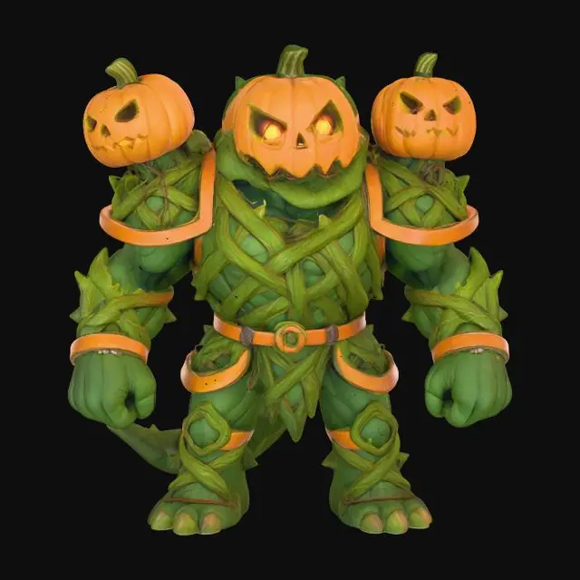 3D model for General Vinefang
reptilian alien soldier with jack-o’-lantern visor helmet, armor made of tangled thorny vines, shoulder cannons shaped like pumpkins, textures: matte vine bark, polished copper armor trim, glowing amber highlights, leathery tail surface, full-body symmetrical design