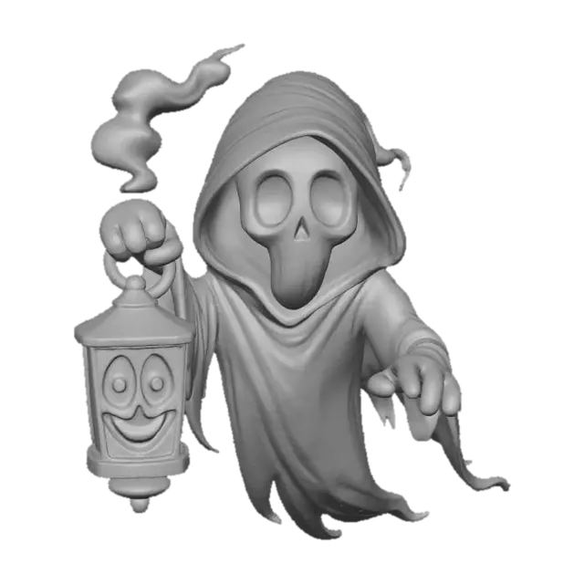 3D model for Ghostly Lantern Bearer, The Lantern Wraith

> floating ghost holding lantern containing its own face, smoke rising from hollow eyes, tattered cloak drifting, textures: translucent smoke, glowing glass lantern, frayed fabric edges, soft spectral light, full-body symmetrical